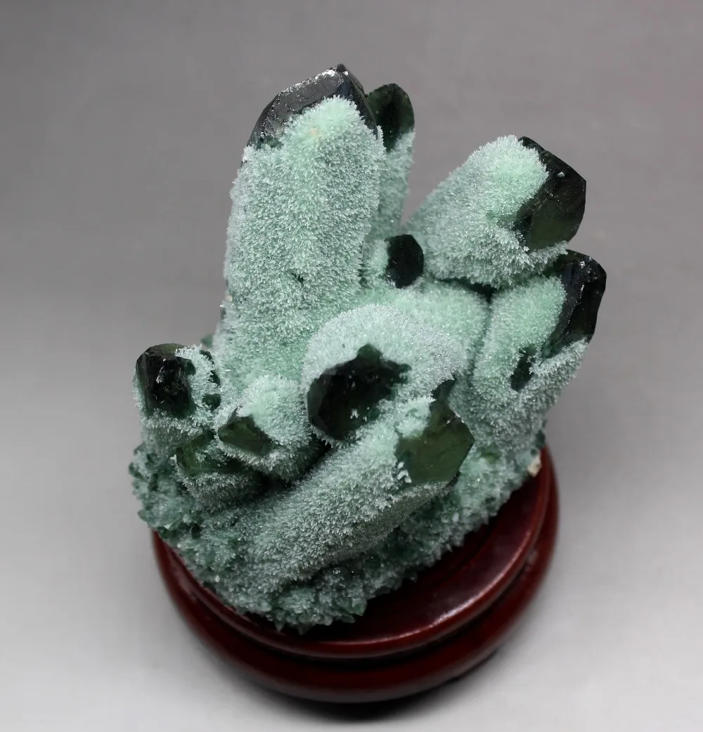 508g Natural Green Ghost Phantom Quartz Crystal Cluster Crystals and stones Healing Specimen Free wooden base