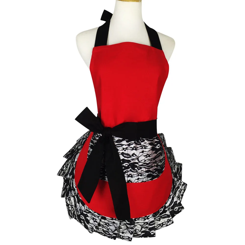 Cotton Red Black Lace Flirty Apron with Pocket, Fun Retro Sexy Cooking Pinup Aprons for Women Girls Waiter C1A2