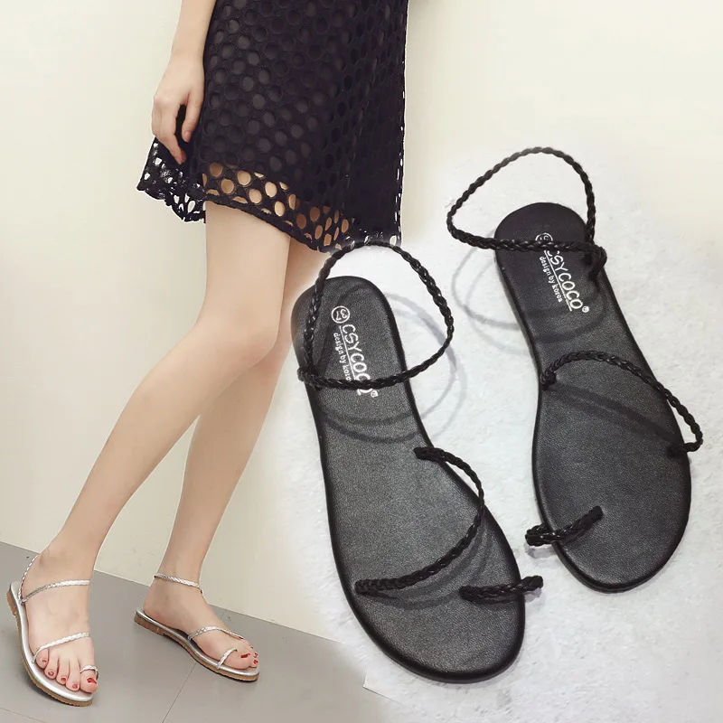 

South Korea Summer Simple Toe Covering Split Toe Retro Weaving Thin Drawstring Cross Straps Women's Flat Flat Heel Rome Versatil