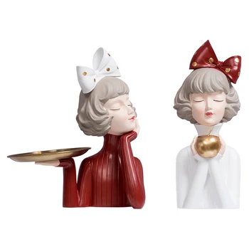 

Resin material creative bowknot girl tray tabletop ornament hand carved table top lovely girl decoration display snacks