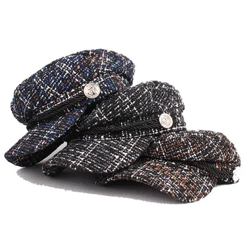 

Vintage Plaid Lace Hats Winter Hat For Women Beret Cap Thicken Warm Retro Caps Takes Female Her Adjustable Retro Octagonal Hat