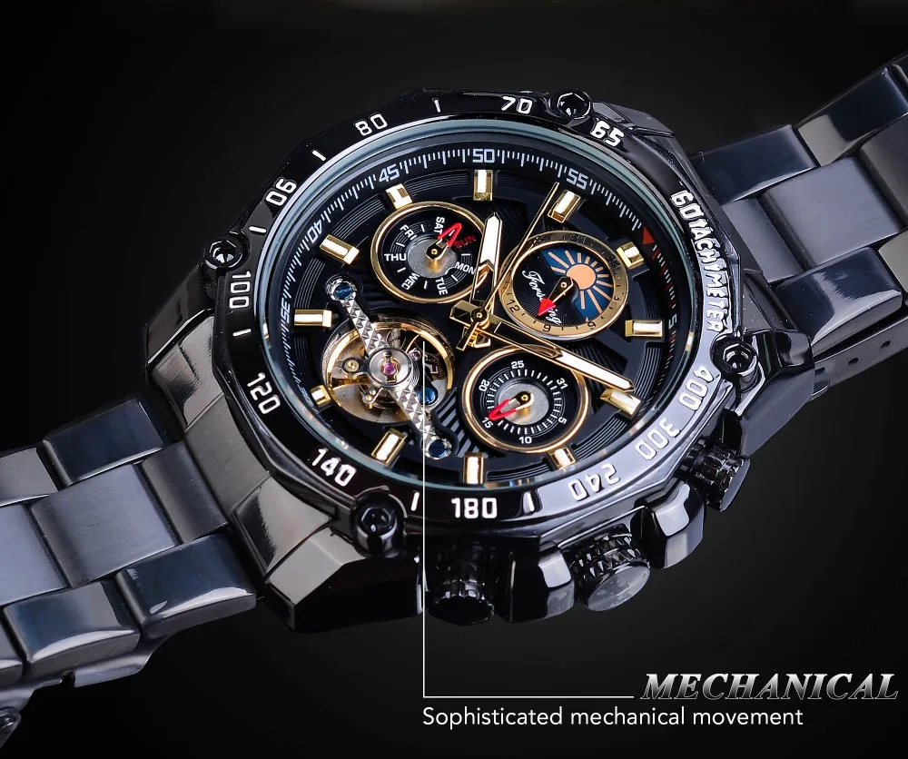 Forsining роскошные черные мужские механические часы automatic Tourbillon Скелет самоветер календарь Луна фаза стальной ремешок мужские часы