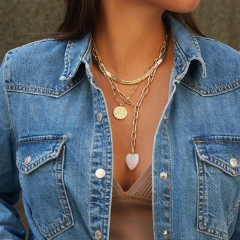 

2020 Long Link Chain Resin Heart Pendant Necklace for Women Charm Heart Stone Choker Necklace Fashion Party Jewelry