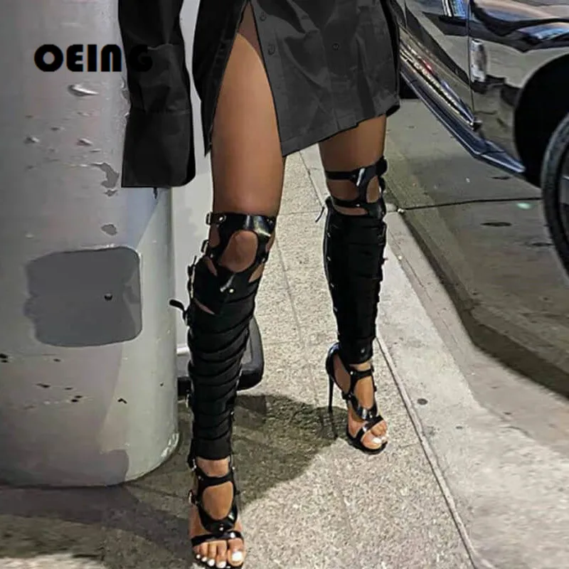 

Metallic Leather Women Gladiator Sandals Silver Gold Thigh High Boots Open Toe Cut Outs High Boots Summer Women Night Club Shoes