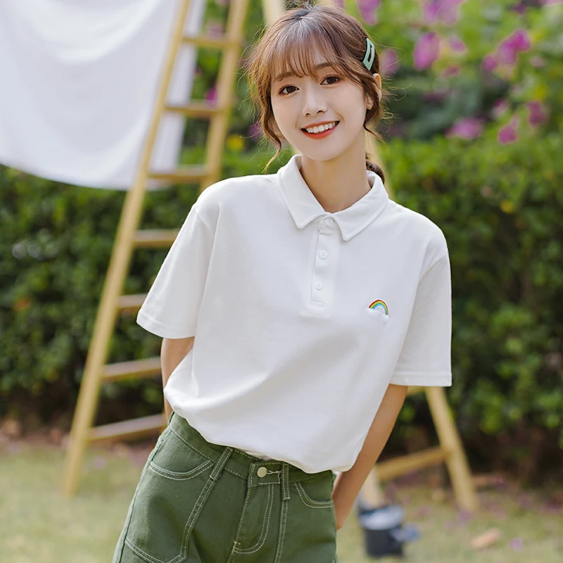 

Women White T-shirt Lapel Rainbow Embroidery Polo Button Tops Tees 2020 Summer New Preppy Style Student Cute Short Sleeve Tshirt
