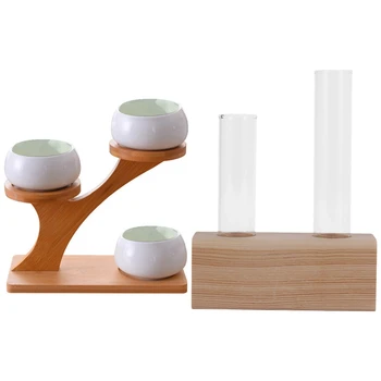 

Crystal Glass Test Tube Vase Flowers Plants & White Ceramic Succulent Flower Pot and Tray Bracket Combination