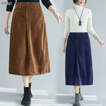 

New Autumn Elastic Waist Corduroy Mid Skirts Womens 2019 Winter Solid High Waist Women Skirt Casual Pockets Long Skirt Femme