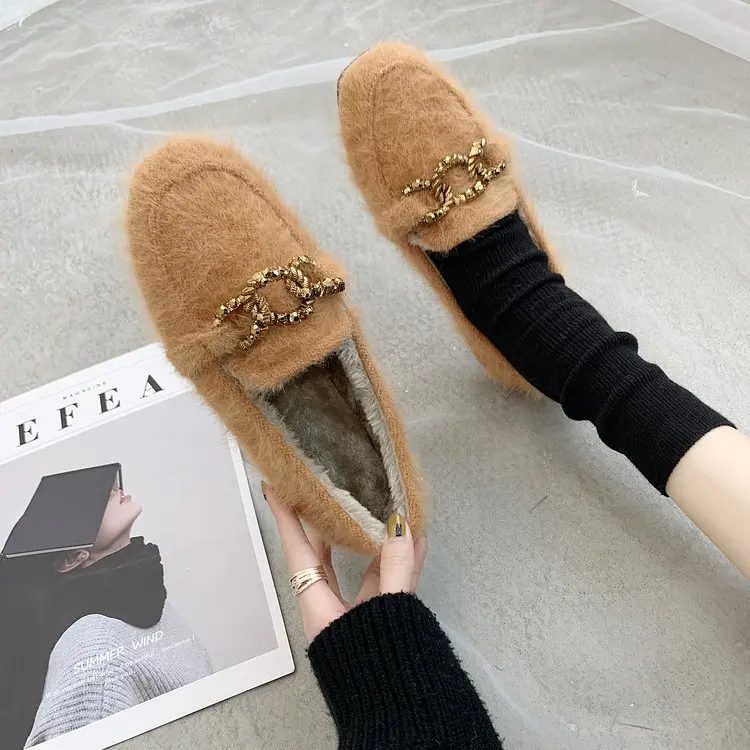 

2019 New Style Online Celebrity Fluffy Shoes Women's Winter plus Velvet Flat Korean-style Versitile Fashion Outer Wear Loafers M