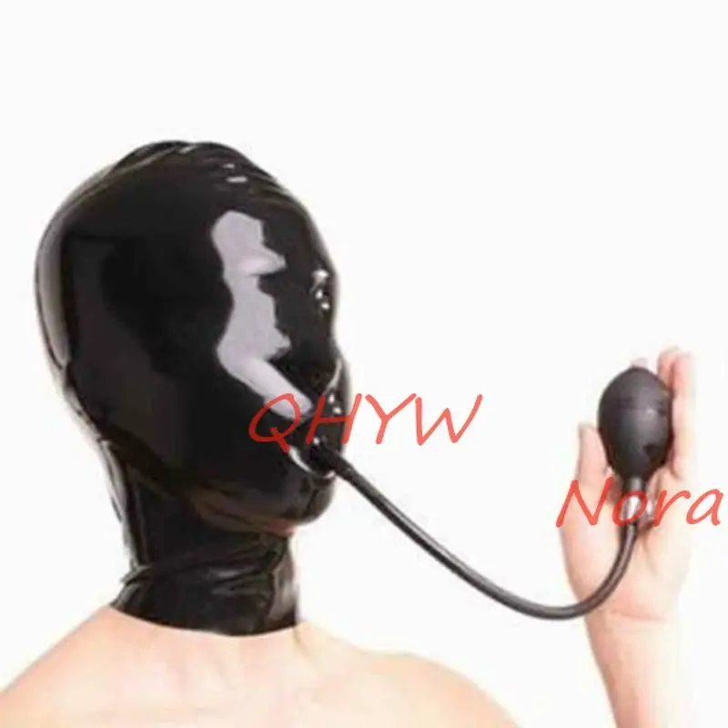 

Sexy Latex Hoods Mask Full Head Hood with Mouth Tube Fetish Cosplay Face Mask Club Wear Uniform Fetish Inflatable Gag Hood