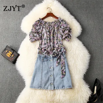 

Fashion Summer Skirt and Top Set Matching Set Women Slash Neck Retro Floral Print Long Blouse+Denim Skirt Suit 2Piece Sets
