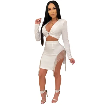 

European And American Sexy Solid Color Women's Suit V-neck Long-sleeved Nightclub Party Small Suit And Short Skirt Winter 2019
