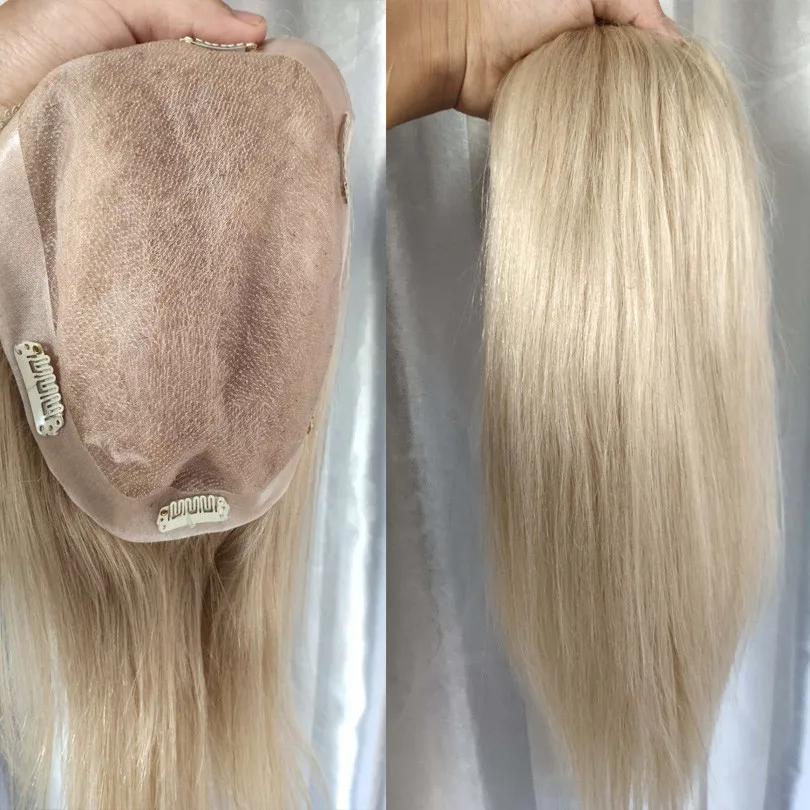 Peluca de pelo humano rubio ceniza de 18 y 20 pulgadas para tupé de mujer, MONO transpirable de 16x18 cm, Base de PU con Clips, peluquín Remy