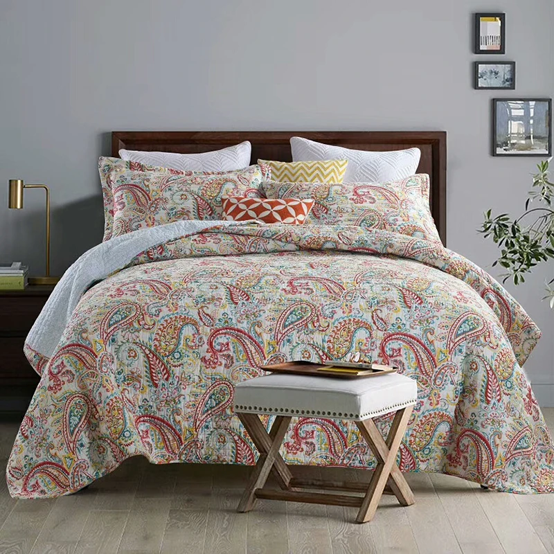 

CHAUSUB Quality Paisley Bedspread Quilt Set 3pcs Washed Cotton Quilts Quilted Bed Cover Pillowcase King Queen Size Coverlet