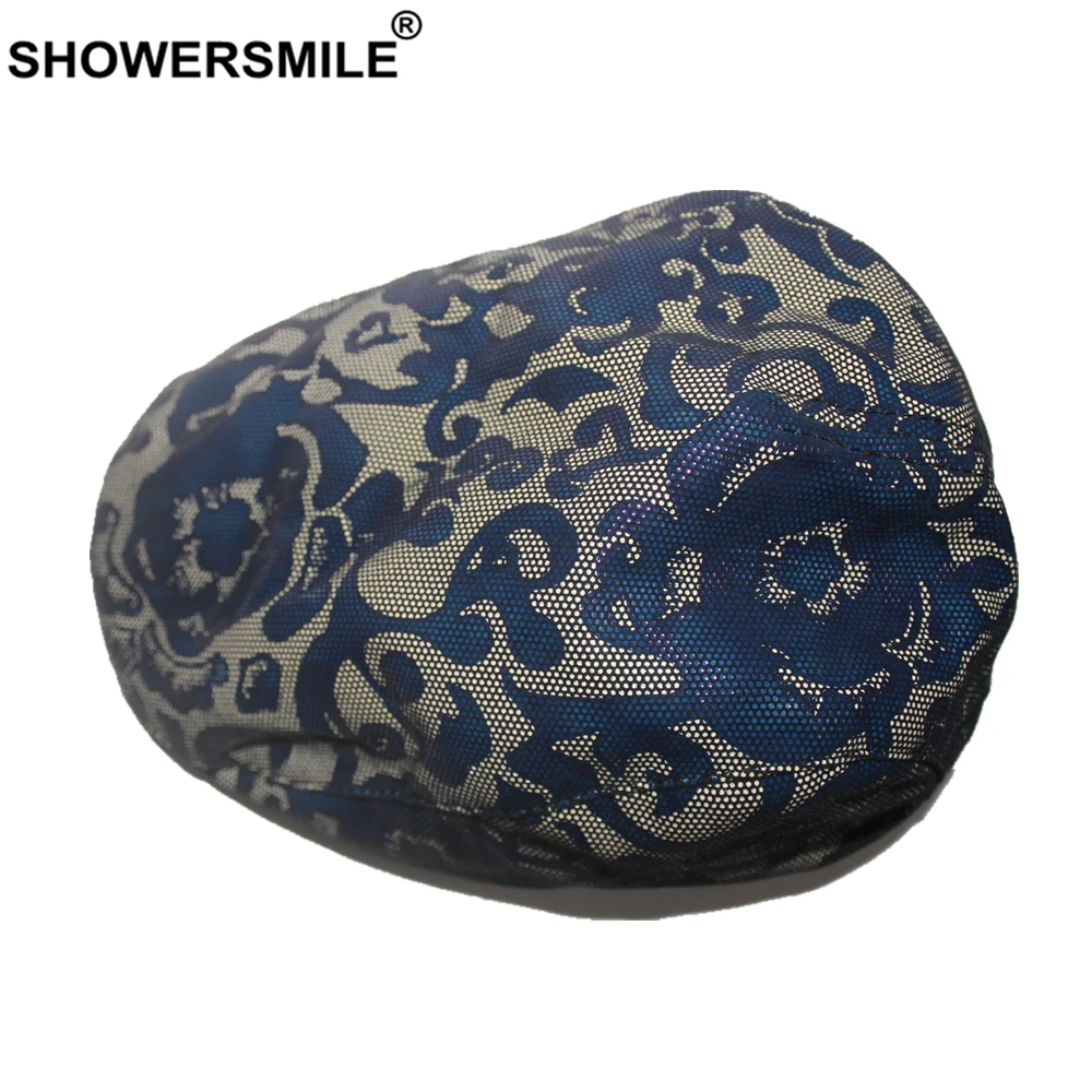 SHOWERSMILE British Style Flat Cap Women Blue Real Sheepskin Leather Female Flower Retro Cap Beret Autumn Winter Duckbill Hat