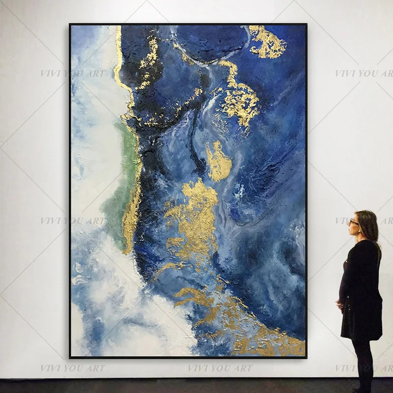 Star Sky Blue Sea View Handmade Abstract Gold Oil Painting for Living Room Modern wall decor picture art Gift | Дом и сад
