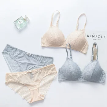 

4Colors Sexy Lace Triangle Cup Bra Set Women High Quality Push Up Bra Wire Free Lingerie Set Jacquard Bra Panties Sets Y5