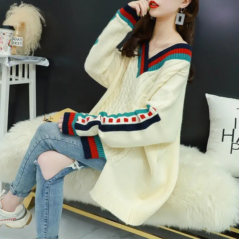 

Sweater Women Pullover Loose-Fit Large V-neck Spring and Autumn New Korean-Style Top