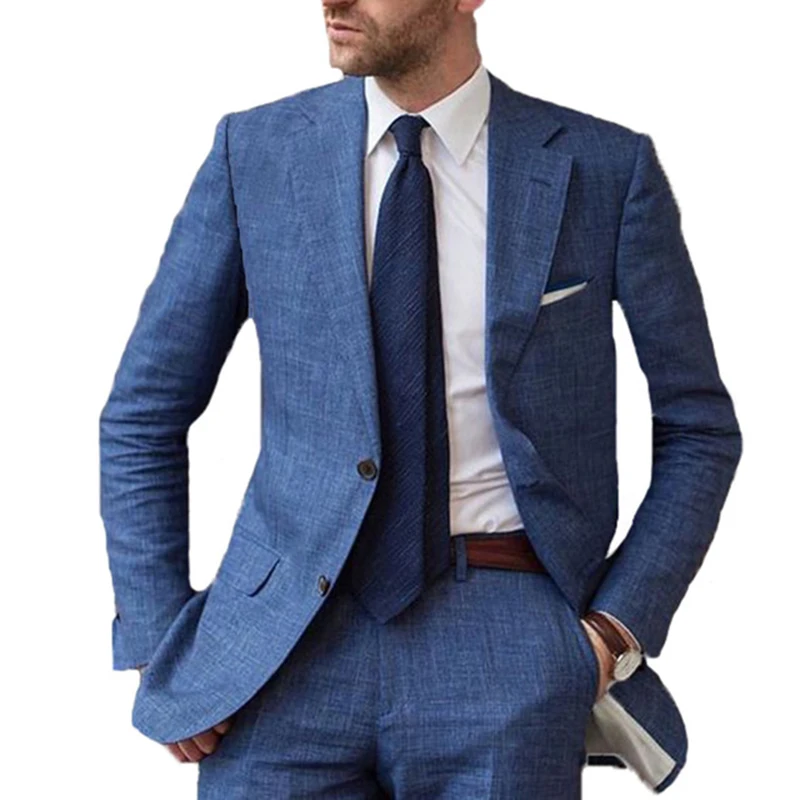 Новое поступление, дизайнерский синий пляжный льняной мужской костюм, приталенный смокинг на заказ, блейзер для жениха, мужские костюмы на выпускной(пиджак+ брюки - Цвет: navy blue