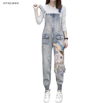 

Vintage Jeans Rompers Womens Jumpsuit With Sequins Beading 2020 Spring Bodycon Suspender Denim Overalls Pants Femme