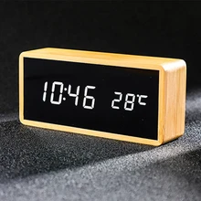 100% bambus cyfrowy budzik regulowana jasność sterowanie głosem biurko duży wyświetlacz temperatury i czasu USB/zasilany z baterii