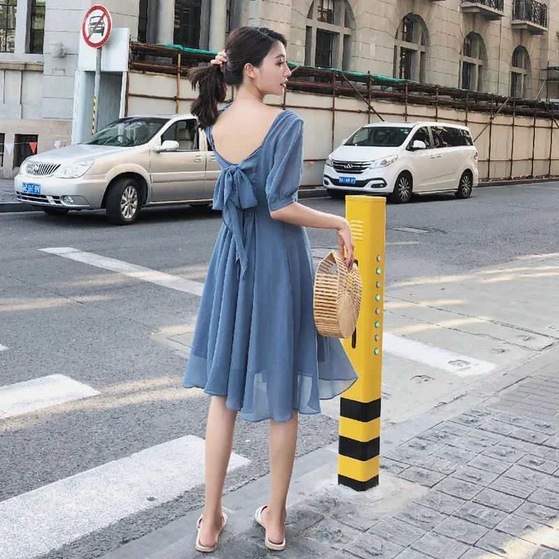 

Photo Shoot Normcore Style Backless Lace-up Bow Chiffon Skirt Women's Summer Sweet Mid-length Big Hemline Lantern Sleeve Dress