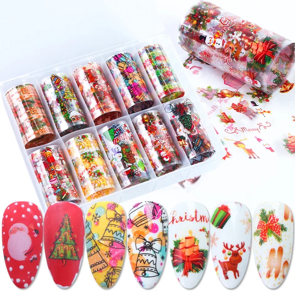 

10pc Nail foil Sticker Set Flower Christmas Sliders For Nails Gel Wraps Adhesive Decals Water Transfer Foil Decor