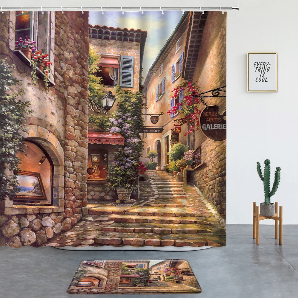 

Уличные Ландшафтные занавески для душа, набор, Настенный Коврик для ванной, Цветочный Ретро экран для ванной комнаты, декоративные коврики, нескользящий ковер