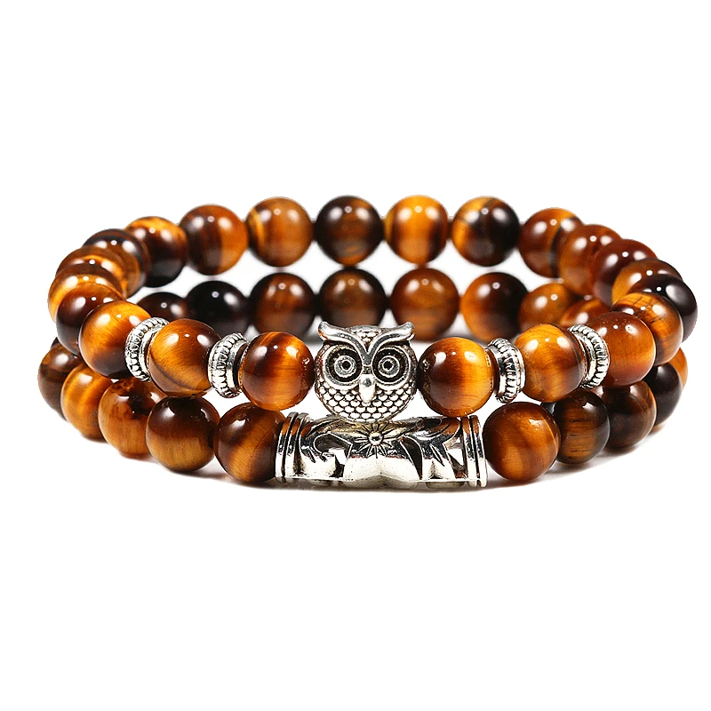 Tiger Eye Комплект из 2 предметов, браслет из бисера для мужчин и женщин, натуральный тигровый глаз и лавовый камень, энергетический стрейч-браслет, браслеты «Сова», Homme, классические ювелирные изделия, Pulsera - Окраска металла: Tiger Eye