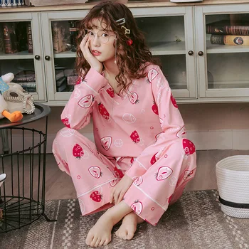 

Pajamas Women's Long Sleeve Autumn Simple V-neck Thin Loose Wide Leg Pants Casual Style