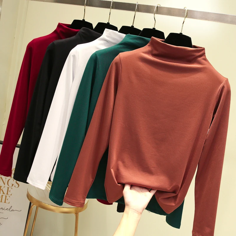 

White Workwear Turtleneck Slim Fit Long Sleeve Shirt Women T-Shirt Autumn Winter High Neck Elegant Tops Tee Streetwear T-shirt
