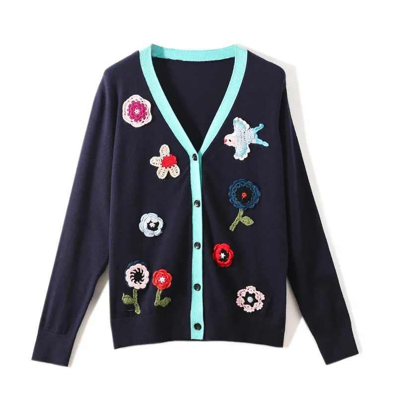 

Autumn 2019 new European and American women's wear Long sleeve v-neck flower embroidery cardigan Knitting sweater