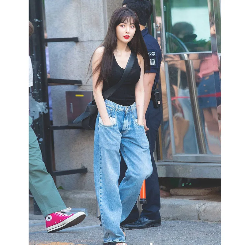 Золотые джинсы в стиле знаменитостей Hyuna, женские свободные прямые брюки с высокой талией и подвеской в Корейском стиле для похудения