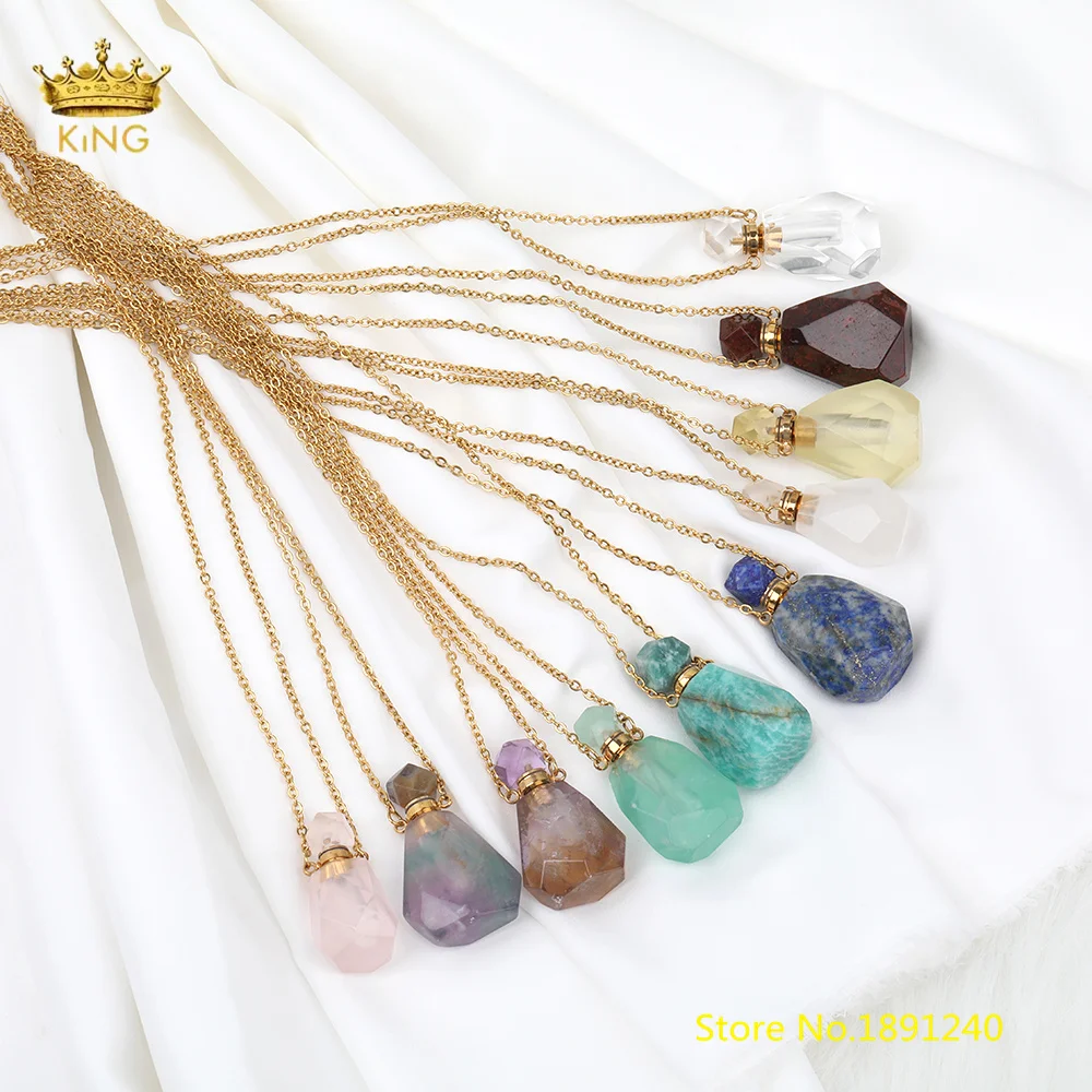 

Natural Stone Perfume Bottle Pendant Necklace For Women Crystal Stone Gold Chains Necklace Essential Oil Jewelry SA-08KBCB
