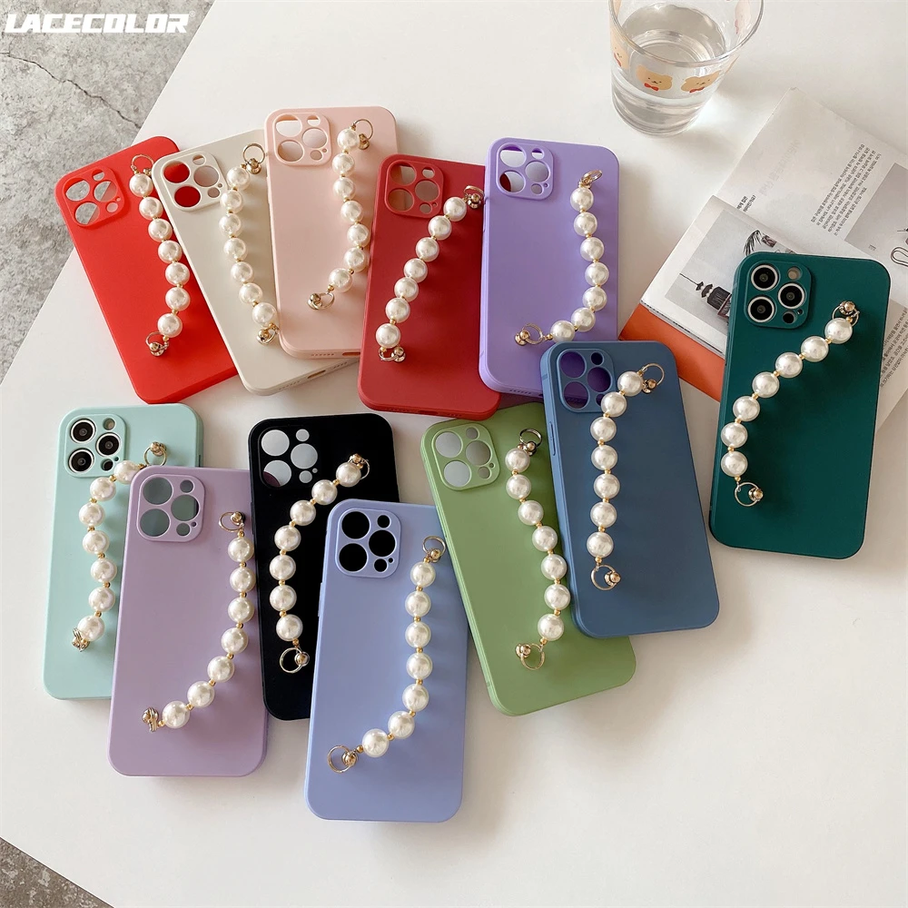 Pearl Beaded Bracelet Wrist Chain Strap Case For iPhone 13 11 12 Pro Max XR X XS 7 8 Plus SE2 Mini Silicone Soft Back Cover Capa iphone 13 pro phone case