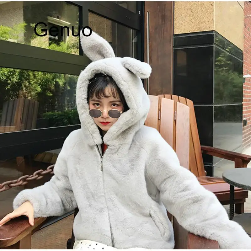 Sweet Women Coat Autumn Winter Cute Hooded Rabbit Ears Fluffy Coat Female Imitation Fur Thick Coat Furry Thick Warm Fur Kawaii