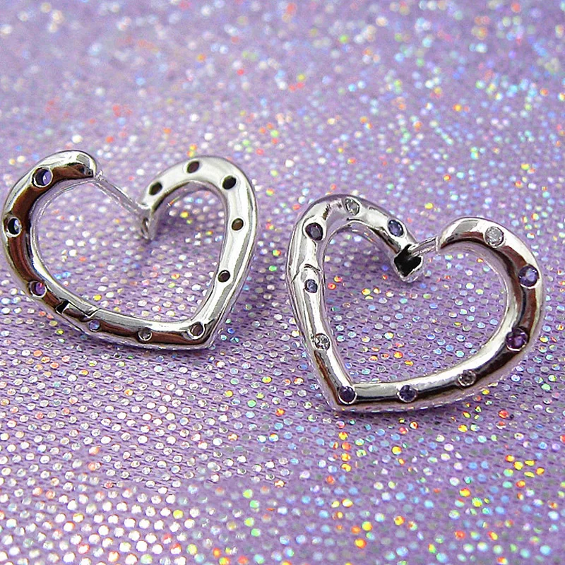 

Authentic 925 Sterling Silver Earring Bright Heart With Purple Crystal Stud Earring For Women Wedding Gift Fine Diy Jewelry