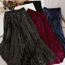 Золотая Бархатная плиссированная юбка Женская Осень Зима модная новая Корейская свободная Высокая талия темперамент А-силуэт большая свободная юбка