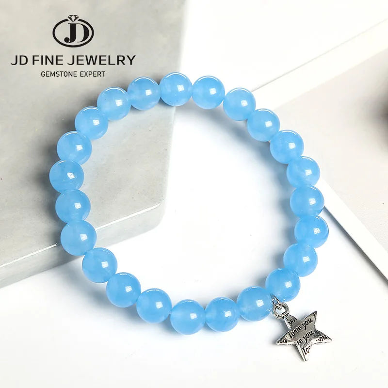 

JD New Arrival Women White/Blue Jade Bracelet Natural Stone Beautiful 2 Colors Smooth Charm Braslet Cute Star Pendant Bracelet