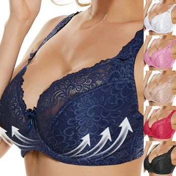 

Women Adjustable Bra Push Up Home Bras Transparent Breathable Lace Bra Hollow Out Floral Underwear Padded Bra 34-44D