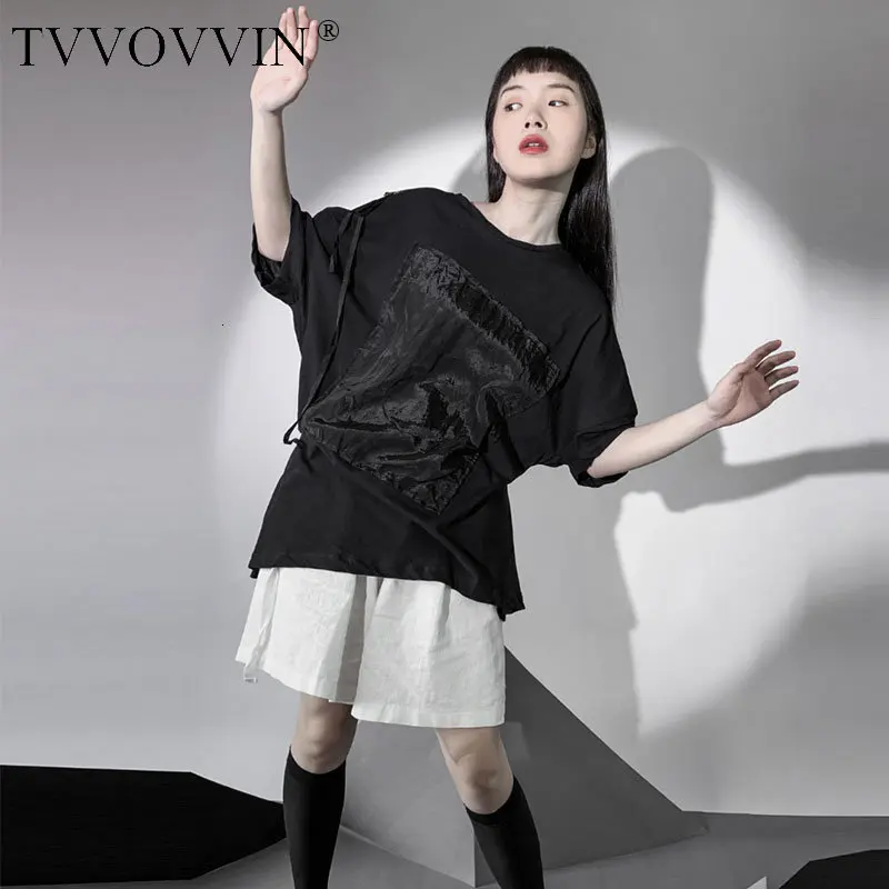 Tvvovvinin Асимметричная Лоскутная повязка черная футболка модная винтажная женская одежда Футболка Топ пуловер матч Осень C597