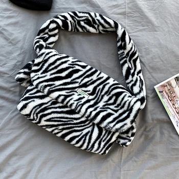 

Vintage Zebra Pattern Shoulder Handbag Plush Big Capacity Messenger Bag Satchels Popular Simple Female Daily Bag