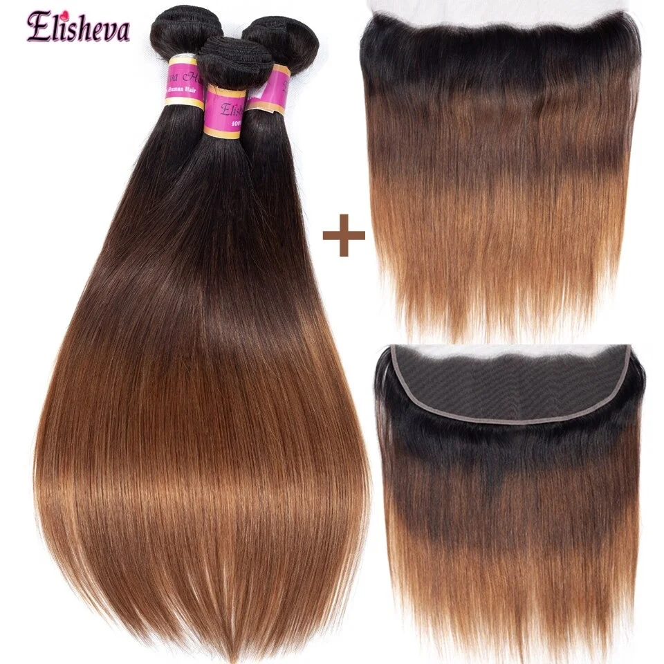 Meches Bresiliennes Naturelles Remy Avec Frontal Cheveux Lisses Ombre 1b 4 30 Brun Miel Blond 13x4 3 Lots Avec Closure Aliexpress