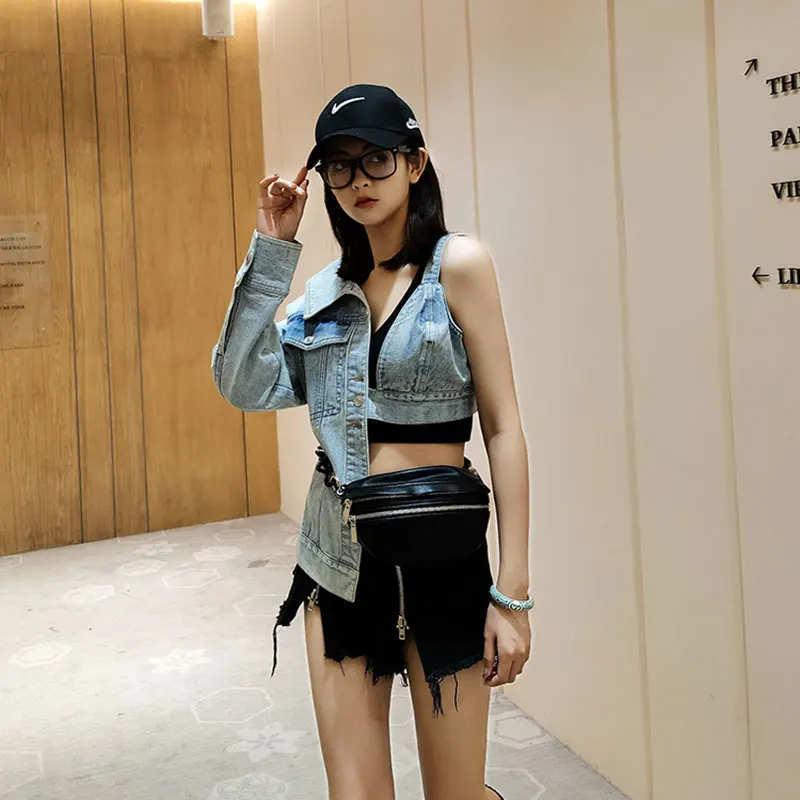 Half Denim Jacket Spliced Half Tops 
