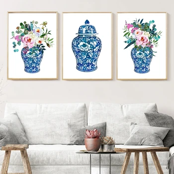 

Ginger Jar Bouquets Chinoiserie Decor Canvas Print Floral Botanical Poster Oriental Vase Roses Painting Porcelain Jar