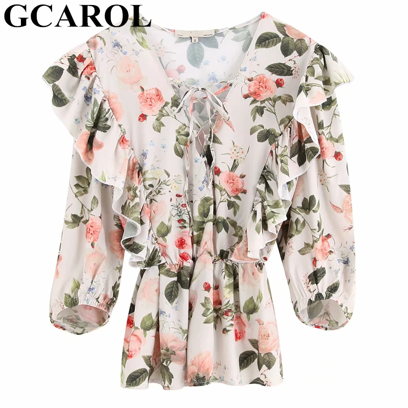 

GCAROL Women Criss-cross Tie Up Floral Blouse V Neck Ruffles Elastic Waist Shirt Vintage Drop Shoulder Spring Fall Winter Top