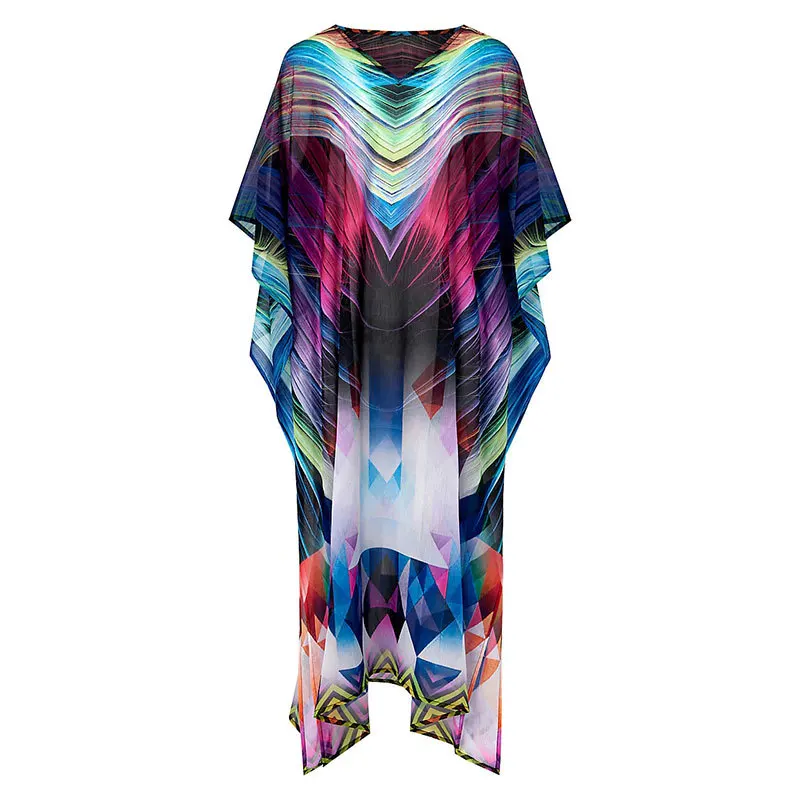FORERUN Boho пляжное платье для женщин с красочным принтом, накидка, летнее народное шифоновое длинное размера плюс, Повседневная пляжная одежда, парео - Цвет: multi boho dress