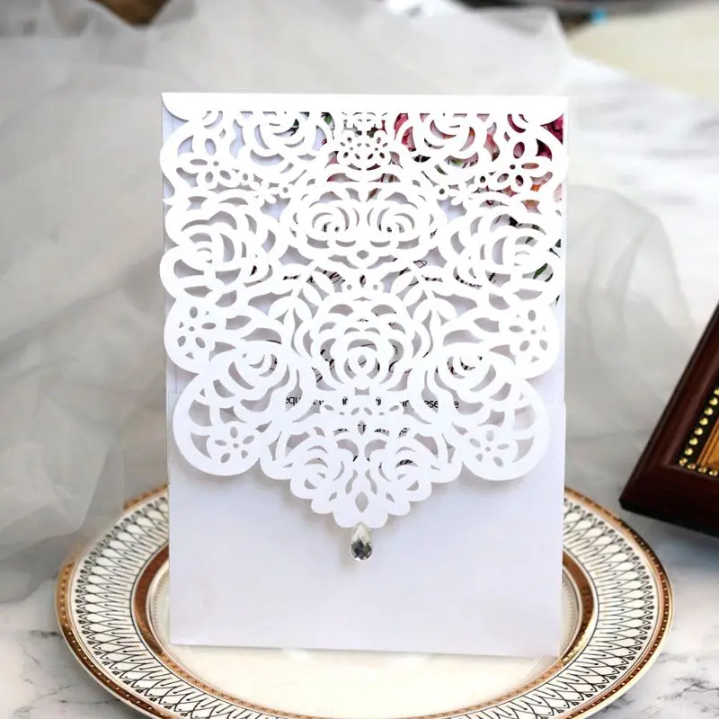  20pcs Laser Cut Rose Invitations Card with Rhinestone Kits Wedding Party E65B - 4000358585391