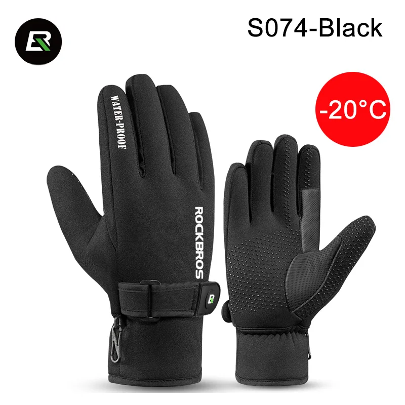 ROCKBROS зимние-40 градусов перчатки для велоспорта водонепроницаемые флисовые сохраняющие тепло перчатки для сенсорного экрана перчатки для велосипеда мото катания на лыжах Пешие прогулки - Цвет: S074 Black