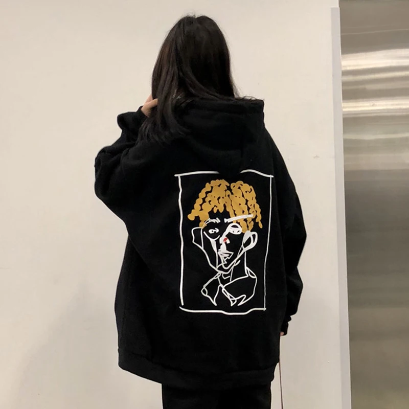 Корейский ulzzang Harajuku Забавный мультяшный принт с капюшоном плюс бархатная Толстовка Осенняя Новая модная свободная с капюшоном Повседневная Женская толстовка