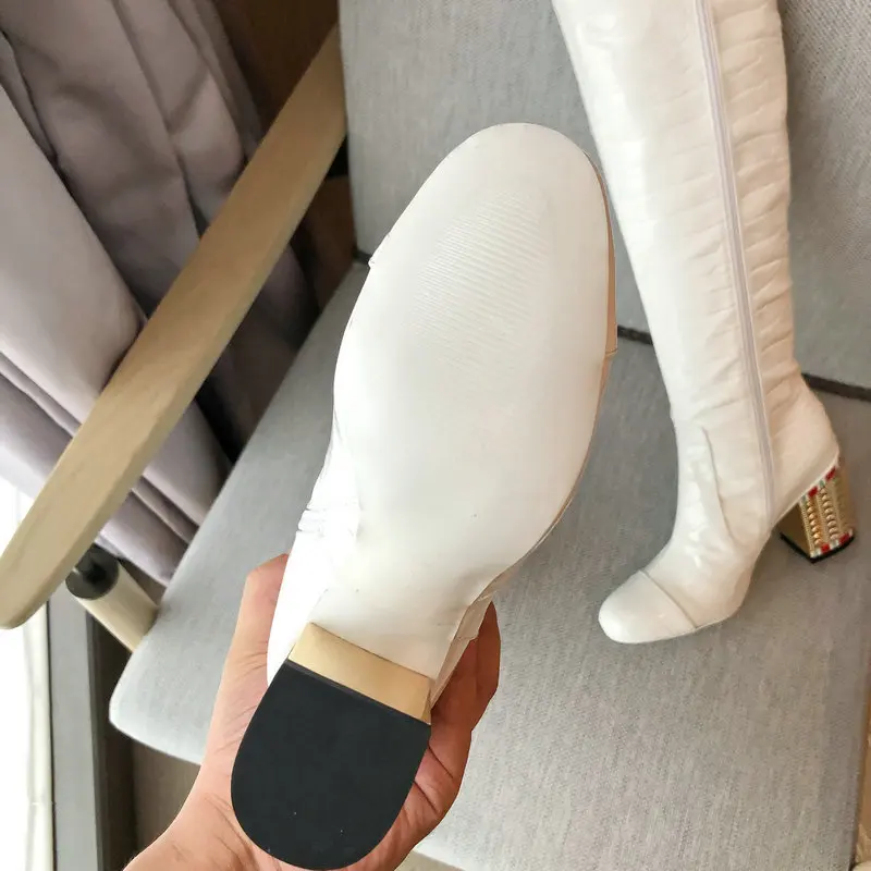 Women Boots Fashion Zipper Boots Women Square High Heel Knee High Boots Ladies Round Toe Autumn Winter Shoes Women White Gold